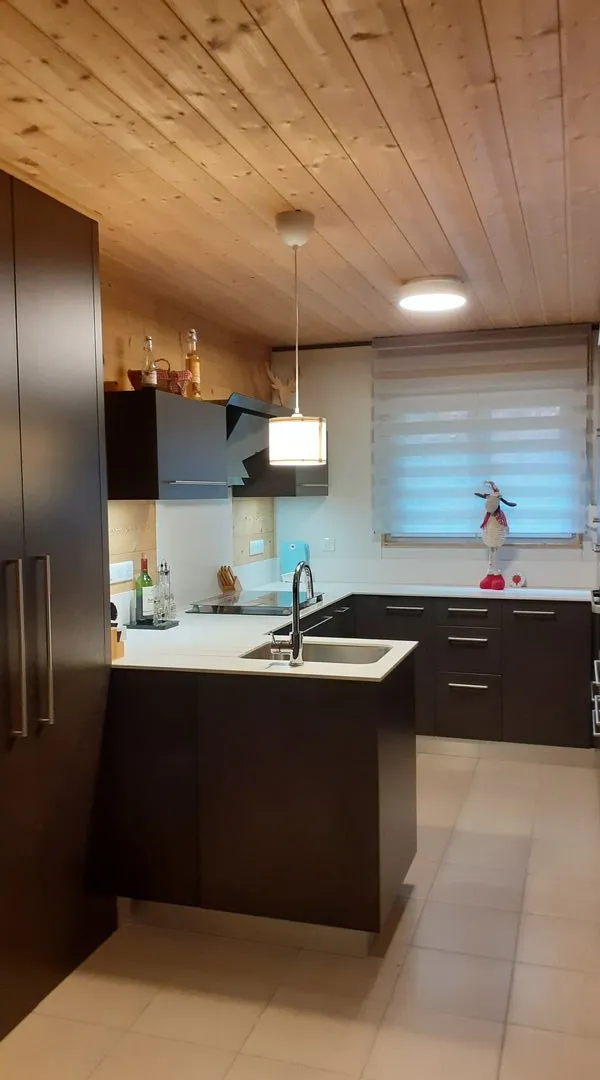 Cuisine moderne du chalet en bois et tons foncés